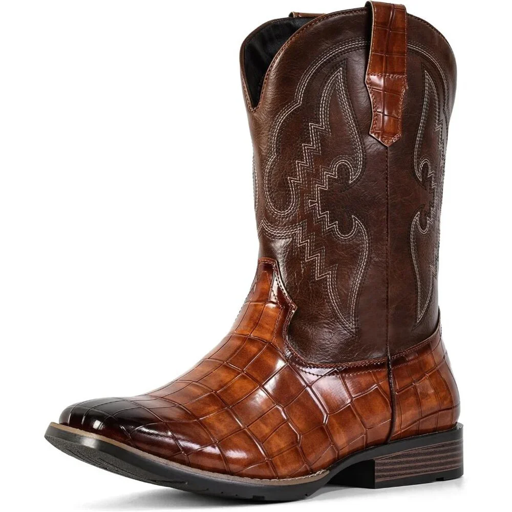 Men's Brown Western Boots Pull-on Slip Resistant Boots With Classic Embroidery